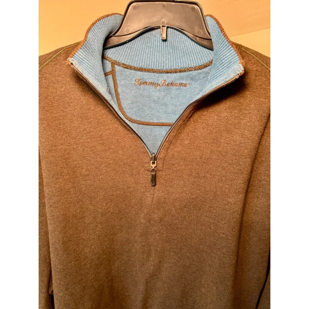 Tommy‎ Bahama Mens Reversible Quarter Zip Pullover Brown Blue Heathered Sweater